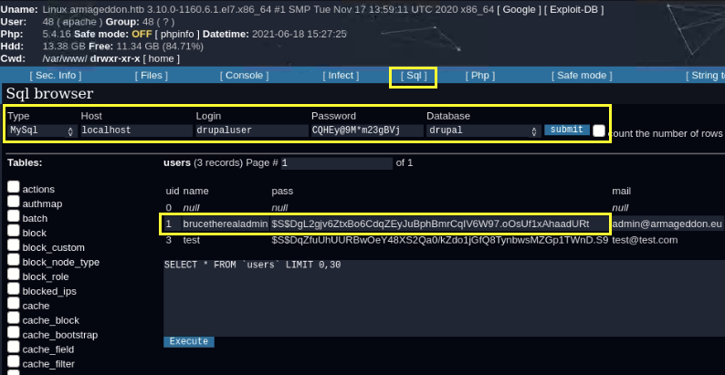 Using WSO SQL functionality to enumerate the database.