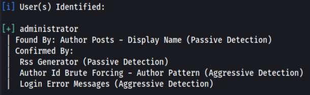 WPScan showing the administrator user being identified.