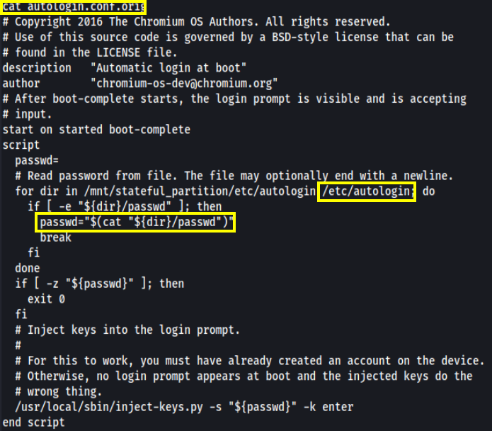 Finding the autologin.conf and the passwd file (but why?).